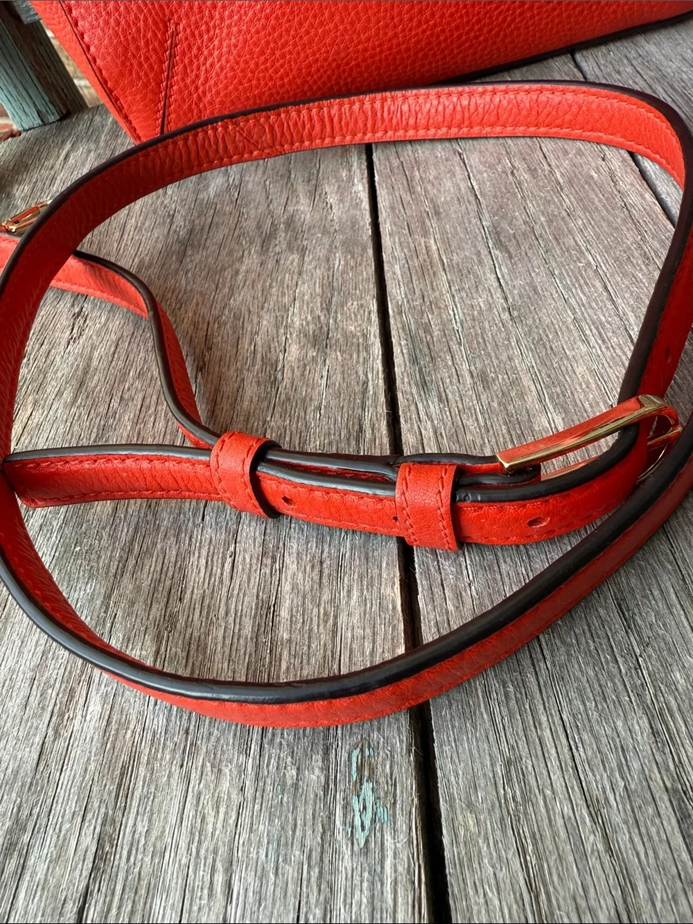 Tory Burch Coral-Red Pebbled Leather Mini Satchel with Detachable Strap